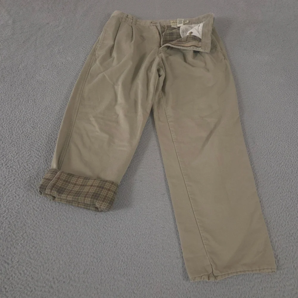 VINTAGE Eddie Bauer Pants Mens 35x32 Tan Straight Leg Flannel Lined Chino 90s